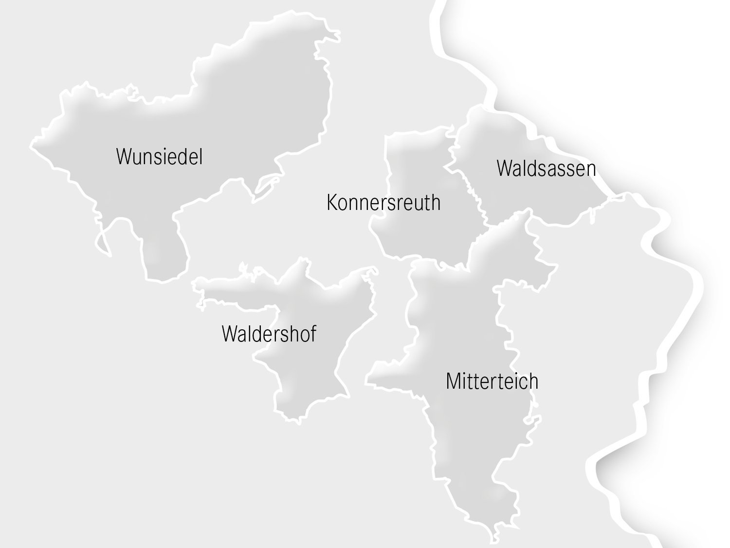 Schwarz-weiß Karte vom Einzugsgebiet des Pflegedienstes: Wunsiedel, Waldershof, Waldsassen, Konnersreuth, Mitterteich